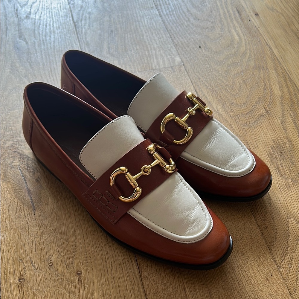 Women’s Brown and White Dress Shoes with Gold Accents